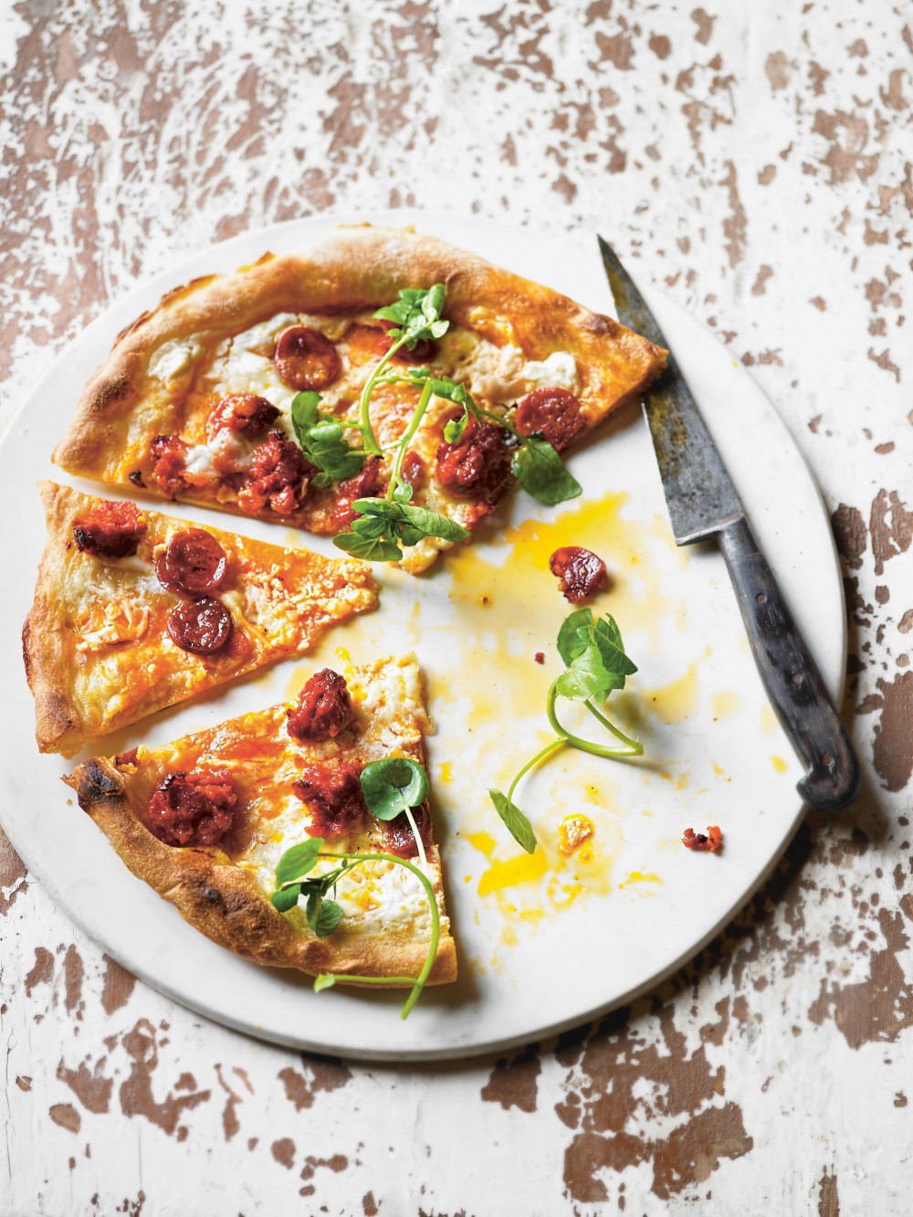 pizza with chorizo and watercress