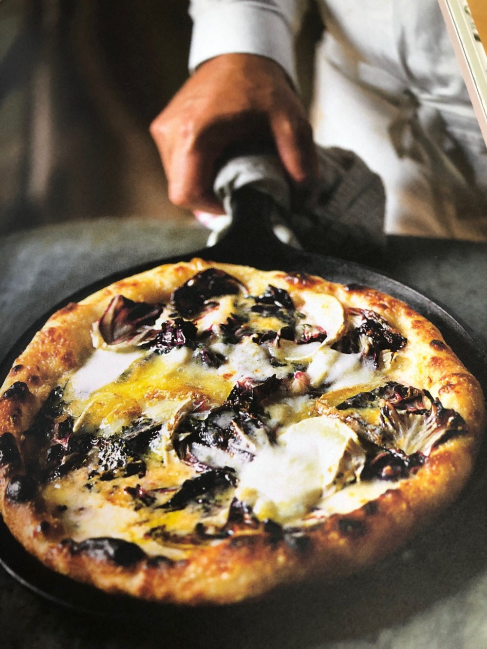 mixed cheese and radicchio sourdough pizza