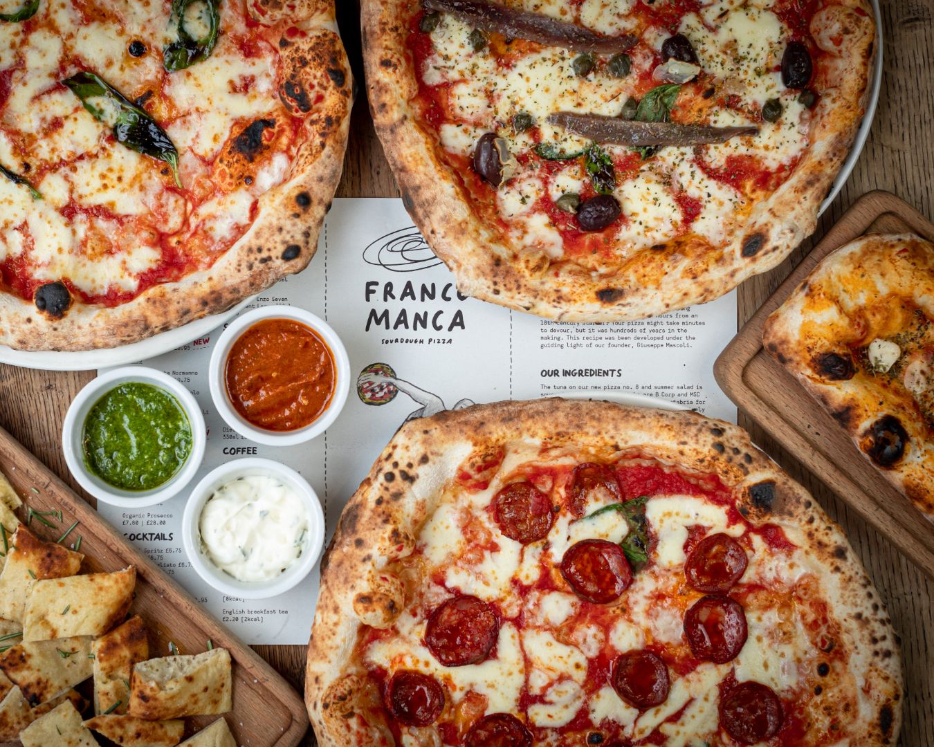 Franco Manca pizzas and sauces